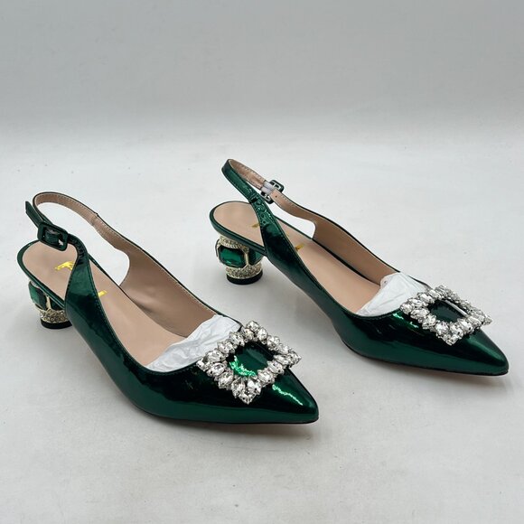 FSJ Green Crystal Square Buckle Pointed Toe Slingback Pumps Rhinestone Sandals - Picture 4 of 8